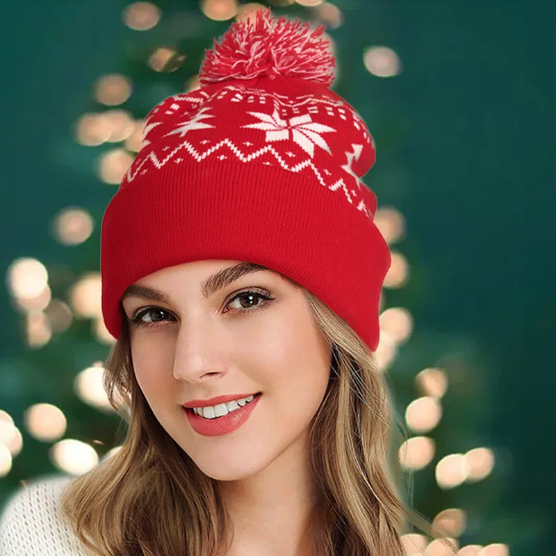 Hot Sale Knitted Jacquard Christmas Hat Fur Ball Hem New Year Gift Winter Warm Hat Hats for Women Adult Snowflake Hat
Hot Sale Knitted Jacquard Christmas Hat Fur Ball Hem New Year Gift Winter Warm Hat Hats for Women Adult Snowflake Hat
