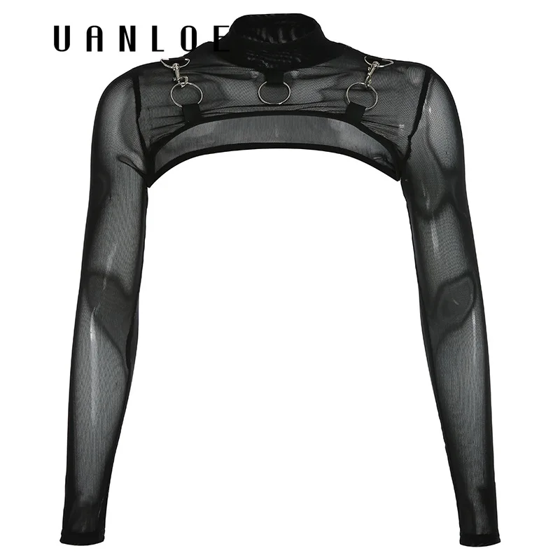 Sexy Mesh Cropped t shirt Women Black Streetwear Long Sleeve Metal Ring Patchwork Tee Shirt Femme Crop Top
Sexy Mesh Cropped t shirt Women Black Streetwear Long Sleeve Metal Ring Patchwork Tee Shirt Femme Crop Top