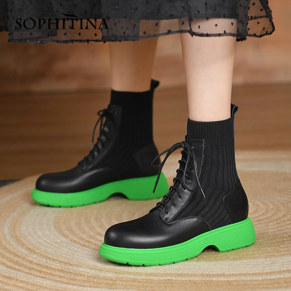 SOPHITINA New Women's Boots Color Bottom Knitting Tube Leather Stitching Shoes Lace-up Round Toe Elastic Women's Shoes HO328
SOPHITINA New Women's Boots Color Bottom Knitting Tube Leather Stitching Shoes Lace-up Round Toe Elastic Women's Shoes HO328