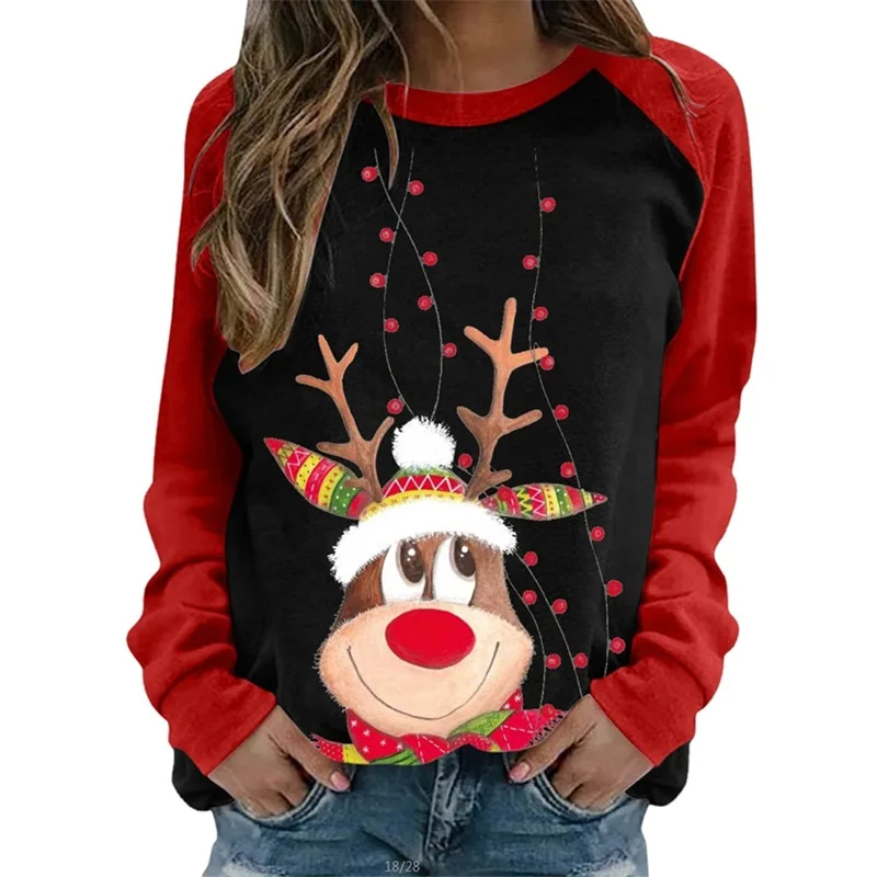

Christmas Theme Women Sweatshirt Ladies Round Collar Long Sleeve Creative Elk Printing Color Matching Raglan Pullover Hoodie