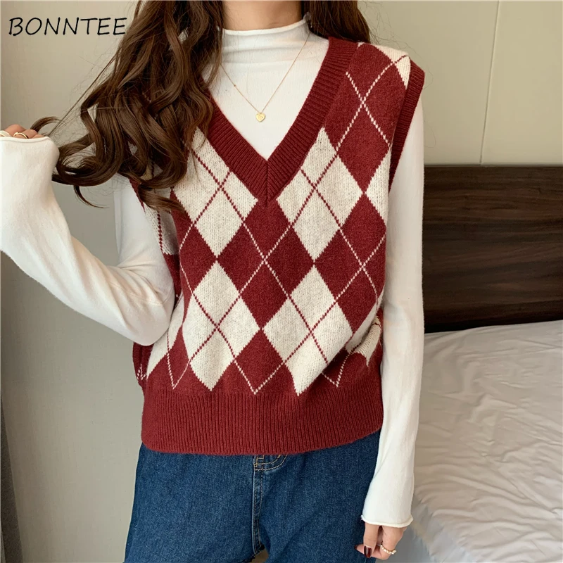 

Sweater Vests Women Sleeveless Loose Argyle All-match Basic College Preppy Style Young Aesthetic Classy Female V-neck Simple Ins