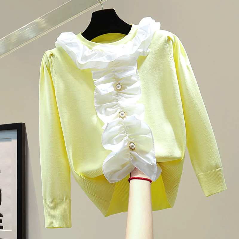 2021 Fall Winter Knit Sweaters Top Ruffled Contrast Color Casual All-Matching Pullover Sweater for Women Yellow Loose Sweater
2021 Fall Winter Knit Sweaters Top Ruffled Contrast Color Casual All-Matching Pullover Sweater for Women Yellow Loose Sweater