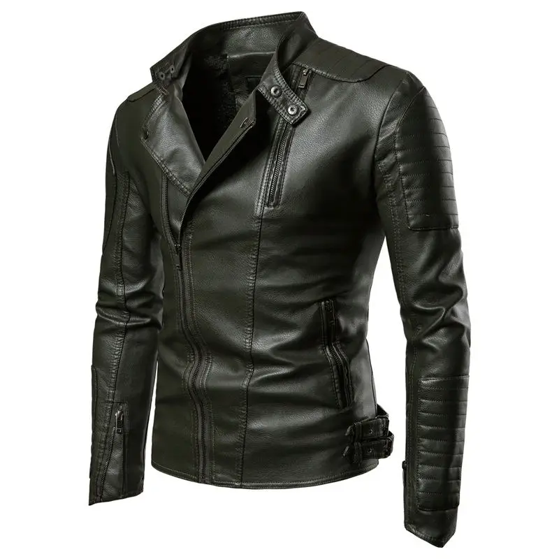 

New British Style Mens Leather Jackets and Coats Oblique Zippers Slim Fit Motorcycle Jacket Male Autumn Fleece Punk Coat