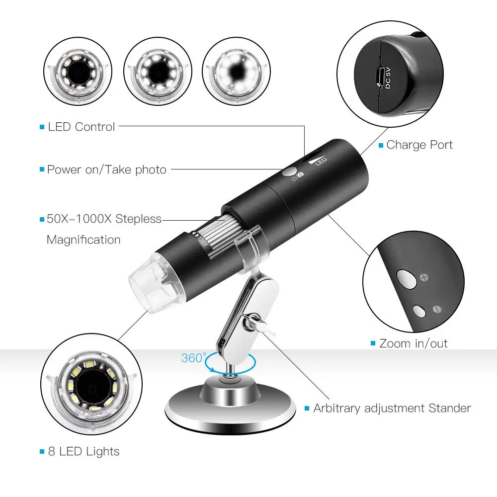 2MP 1000X WIFI Digital Mini Pocket Microscope Camera 8 LED Magnification Endoscope with Metal Stand Rechargeable
2MP 1000X WIFI Digital Mini Pocket Microscope Camera 8 LED Magnification Endoscope with Metal Stand Rechargeable