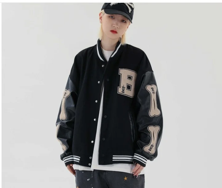 Embroidered Baseball Jacket hip Street loose men's and women's PU leather stitching jacket
Embroidered Baseball Jacket hip Street loose men's and women's PU leather stitching jacket