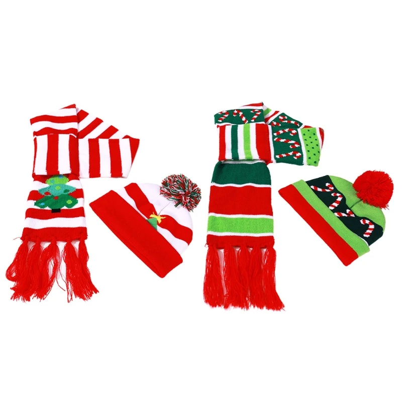 

Kids Christmas 2 Pieces Pompom Beanie Hat Tassels Long Scarf Set Contrast Color Striped Knitted Skull Cap Neck Warmer