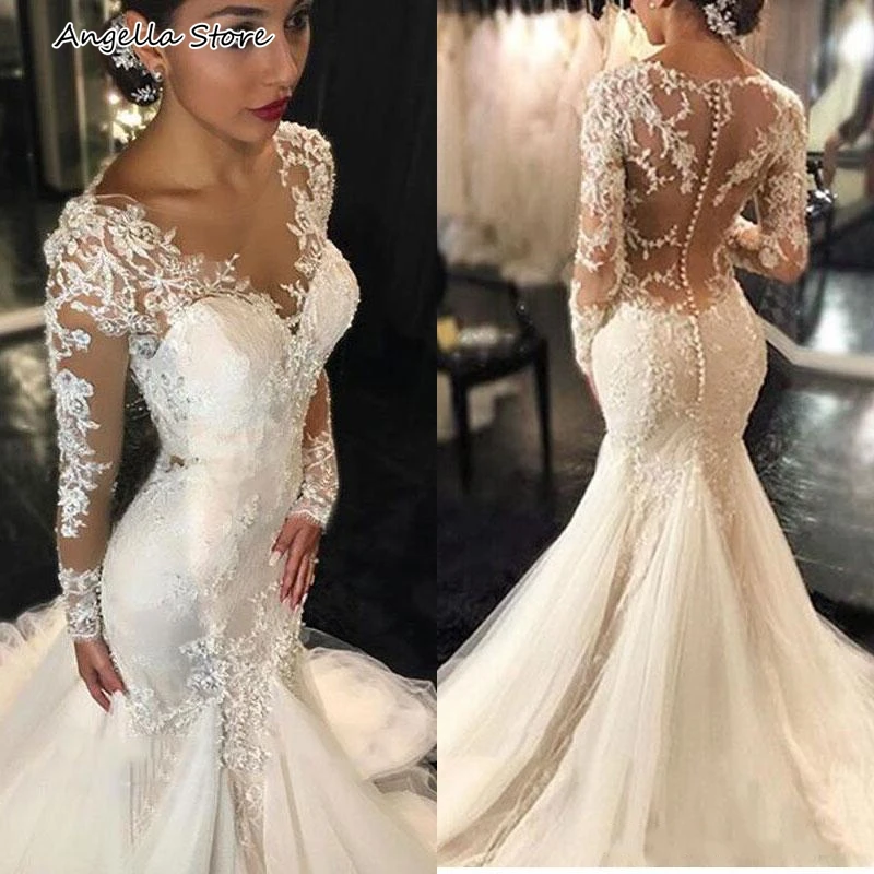 

Sexy Illusion Mermaid Wedding Dress For Bride Long Sleeves Lace Appliques Beaded Bridal Gown Sweep Train Jewel Neck Vestidos