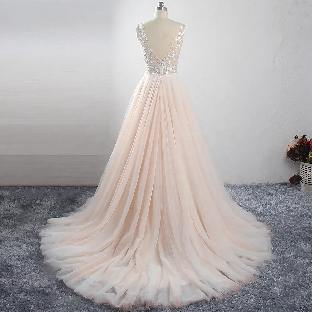 Simply Deep V Neckline Soft Tulle Wedding Dress 2019 Two Bead Belts Bridal Dress Blush Colored Wildely Boho Dress 
Simply Deep V Neckline Soft Tulle Wedding Dress 2019 Two Bead Belts Bridal Dress Blush Colored Wildely Boho Dress