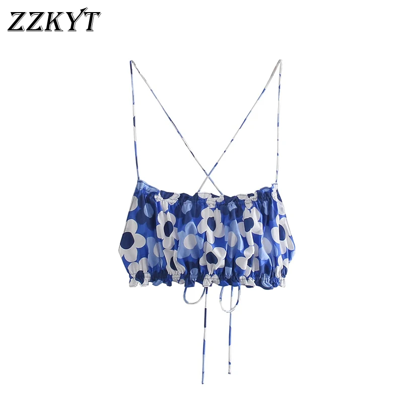

ZZKYT 2021 Women Summer Vintage Floral Print Crossed Strap Tank Tops Fashion Sexy Square Collar Backless Casual Camis Chic Tops