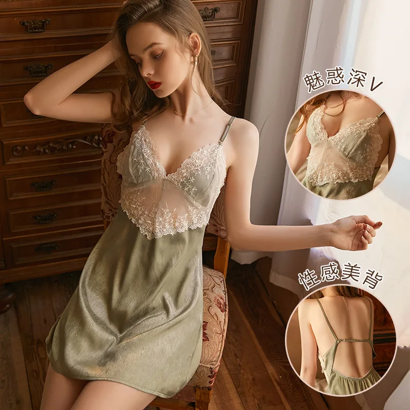 Women's V-Neck Lace nightdress backless satin face Nightgown seduction sexy braces skirt Sleepshirts home clothing Sexy lingerie
Women's V-Neck Lace nightdress backless satin face Nightgown seduction sexy braces skirt Sleepshirts home clothing Sexy lingerie