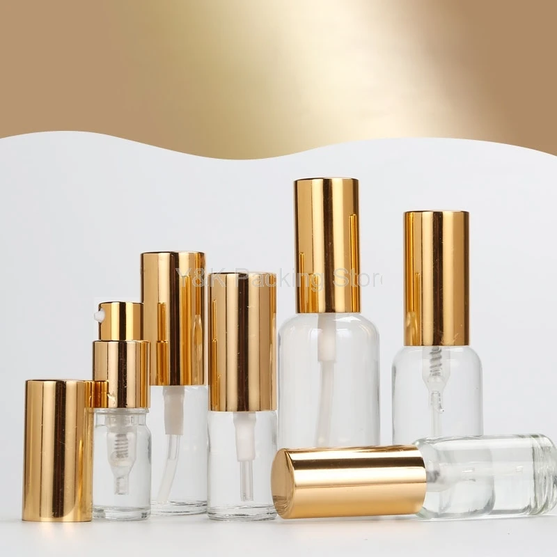 

5ml,10ml,15ml,20ml,30ml,50ml,100ml Empty Glass lotion Bottle,Gold cap Clear Pump bottle emulsion essential oils bottles
