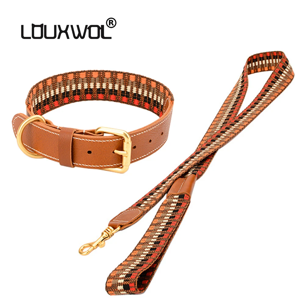 Комплект ошейник для собак LOUXWOL кожаный и нейлоновый с поводком кошек товары