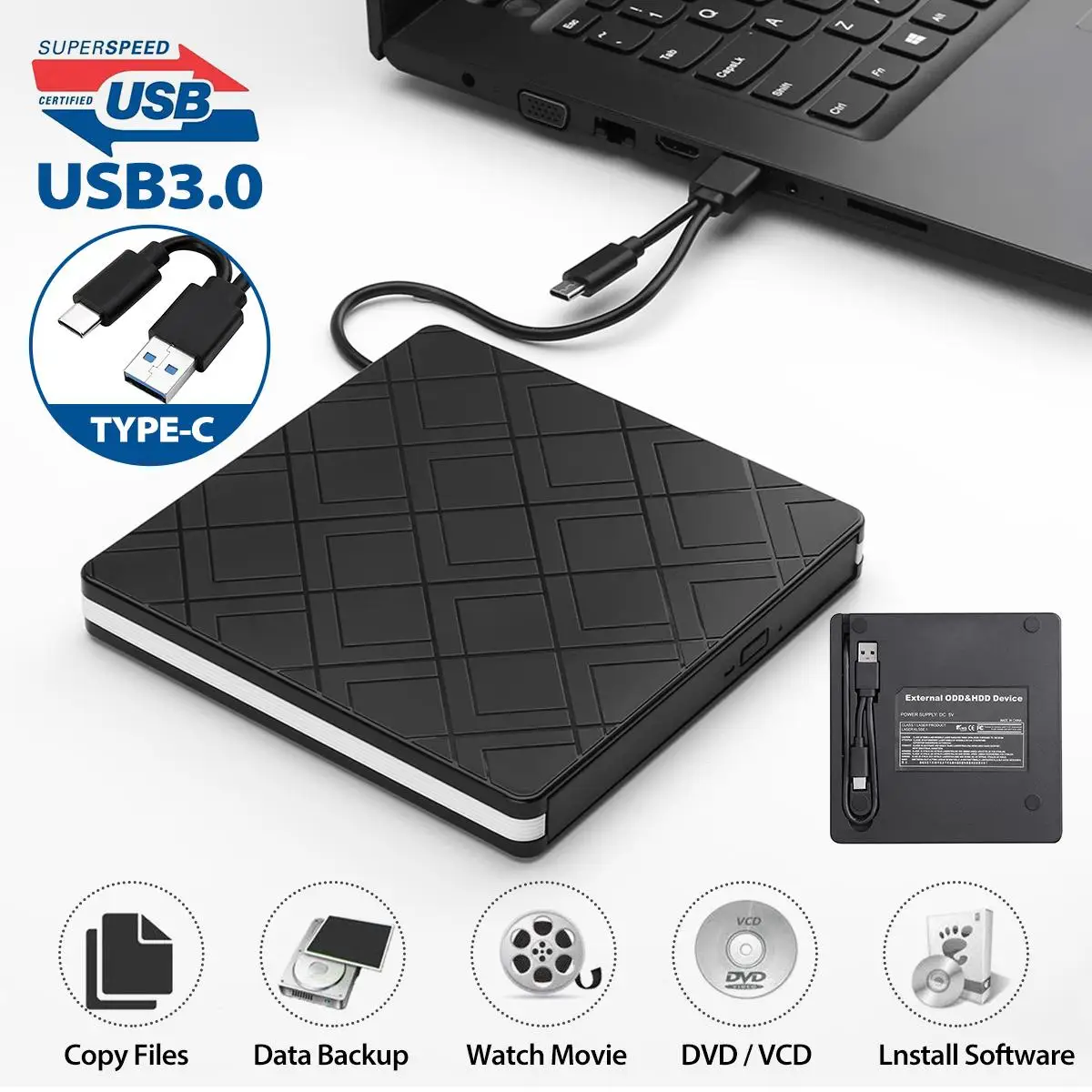 

Внешний USB3.0/USB2.0/TYPE-C DVD RW CD писатель тонкий решетки шаблон привод горелки ридер плеер для ПК ноутбука оптические диски