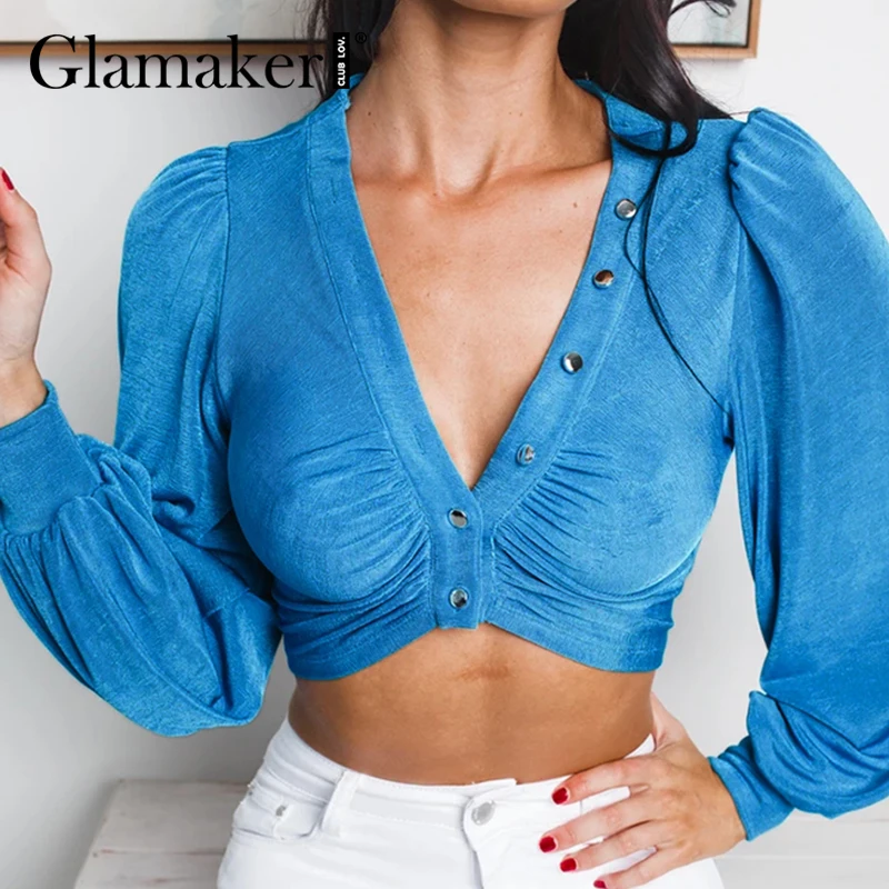 Glamaker Lantern sleeve blue sexy cropped blouse top Office ladies elegant v neck button fashion tops tee Female knit crop top
Glamaker Lantern sleeve blue sexy cropped blouse top Office ladies elegant v neck button fashion tops tee Female knit crop top
