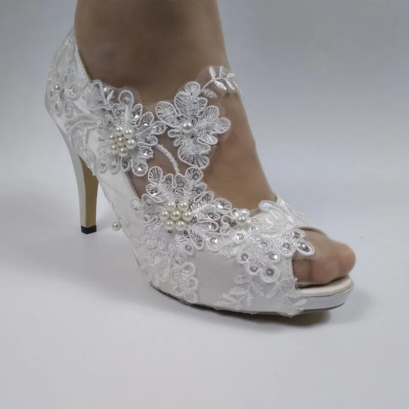 Женские туфли с открытым носком BaoYaFang белые вечерние кружевными цветами