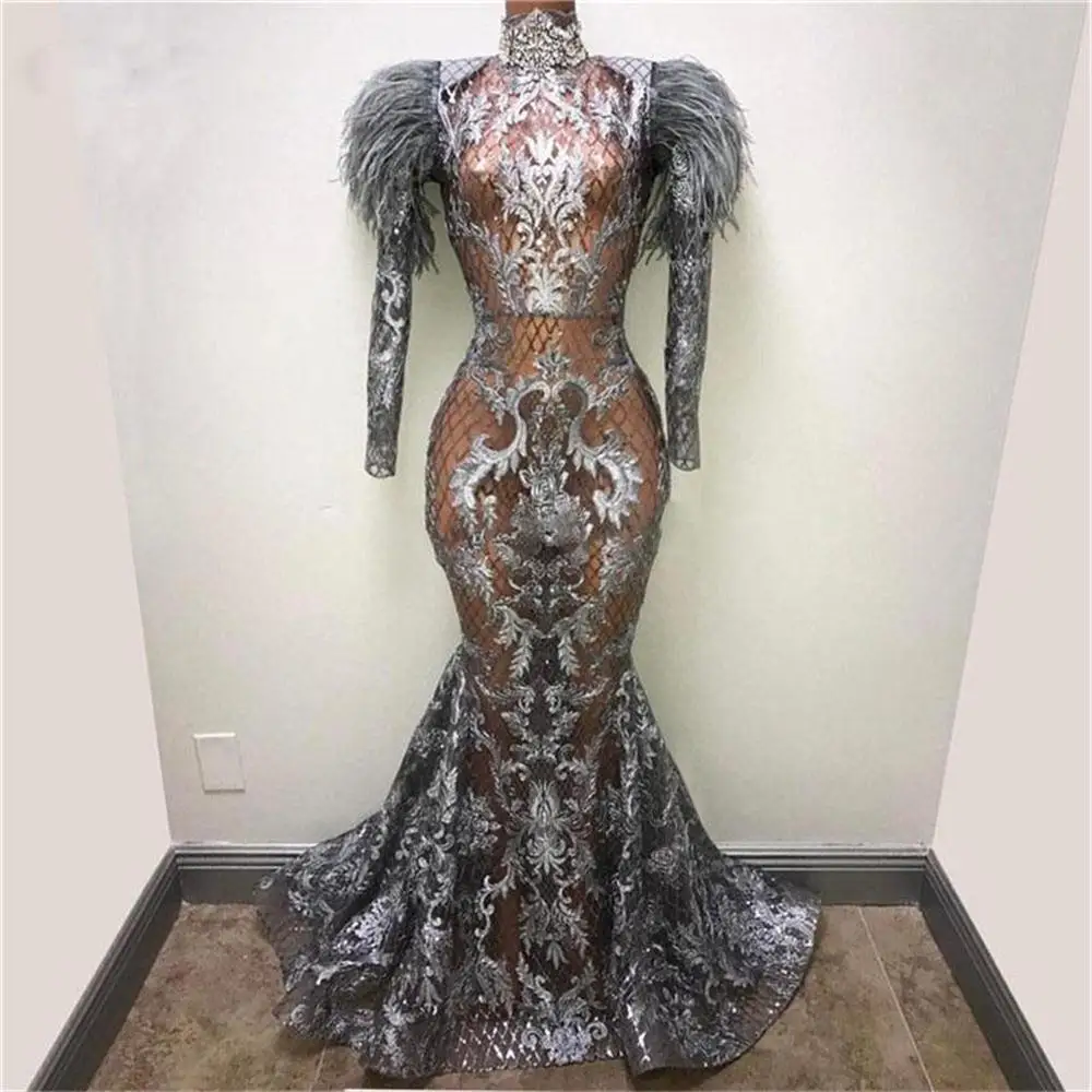 See Through Lace Prom Dresses Sexy High Neck Feathers Long Sleeves Mermaid Evening Dress Illusion Party Gowns vestido de festa
See Through Lace Prom Dresses Sexy High Neck Feathers Long Sleeves Mermaid Evening Dress Illusion Party Gowns vestido de festa