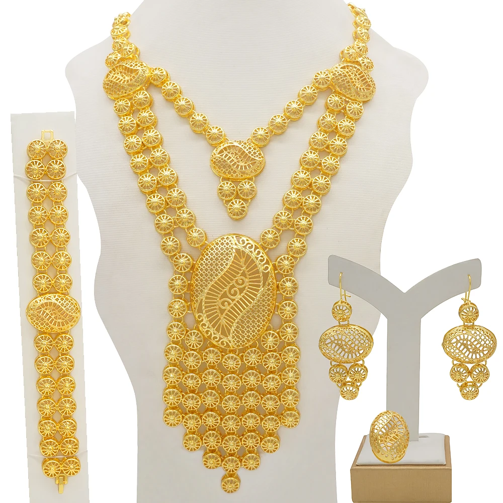 Dubai Women Gold Color Jewelry Sets African Wedding Bridal Ornament Gifts For Saudi Arab Necklace Bracelet Earrings Ring Set 
Dubai Women Gold Color Jewelry Sets African Wedding Bridal Ornament Gifts For Saudi Arab Necklace Bracelet Earrings Ring Set