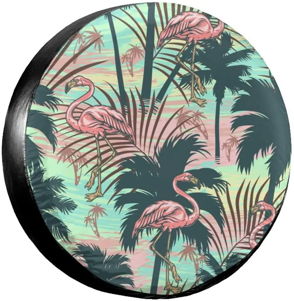 

Hpoplace Spare Tire Cover,Flamingo Tropical Leaves Wheel Cover All-Weather Dustproof Wheel
