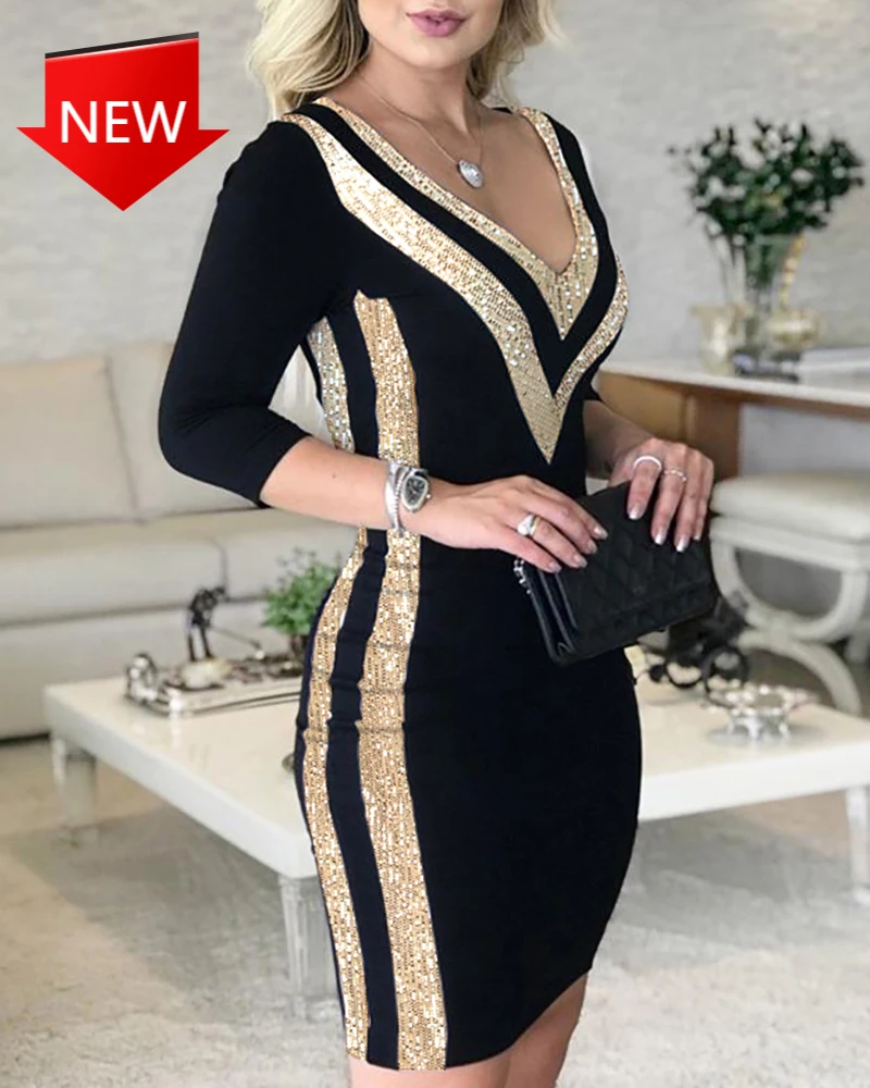 Ropa De Mujer Casual Dress V-Neck Striped Sequins Bodycon Dress New Women Elegant Work Wear Slim Fit Mini
Ropa De Mujer Casual Dress V-Neck Striped Sequins Bodycon Dress New Women Elegant Work Wear Slim Fit Mini