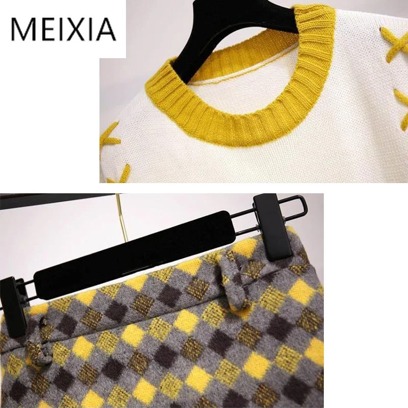 MEIXIA Autumn Winter Woman Two Piece Set Casual O-neck Crossed Ribbon Knitted Top + Skirt Plaid Mini Office Lady 2 Piece Set
MEIXIA Autumn Winter Woman Two Piece Set Casual O-neck Crossed Ribbon Knitted Top + Skirt Plaid Mini Office Lady 2 Piece Set