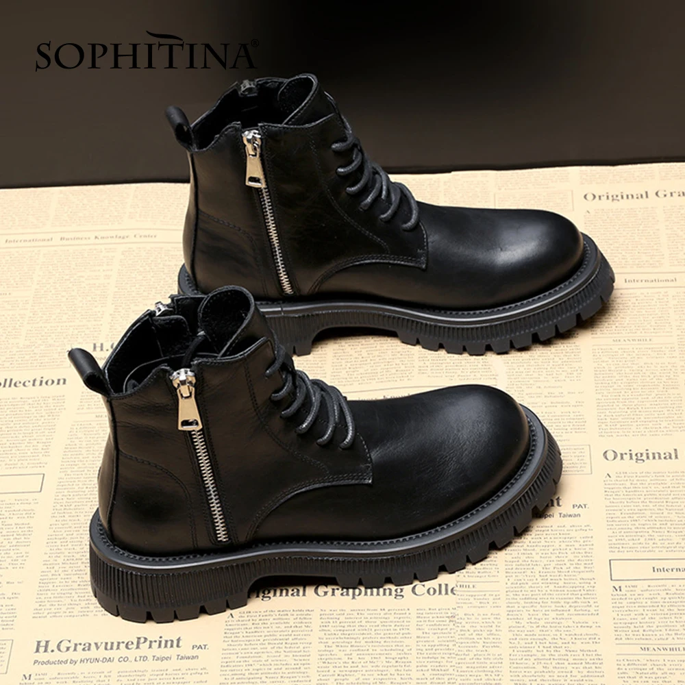 

Женские нескользящие ботинки SOPHITINA, натуральная кожа, круглый носок, перекрестная шнуровка, квадратный каблук, молния, офисная обувь, HO563