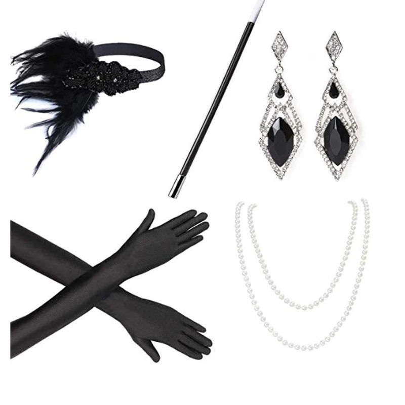 

1920s Vintage Party Accessories Feather Headband Pearl Necklace Gloves Cigarette Holder Great Gatsby Flapper Costume For Women