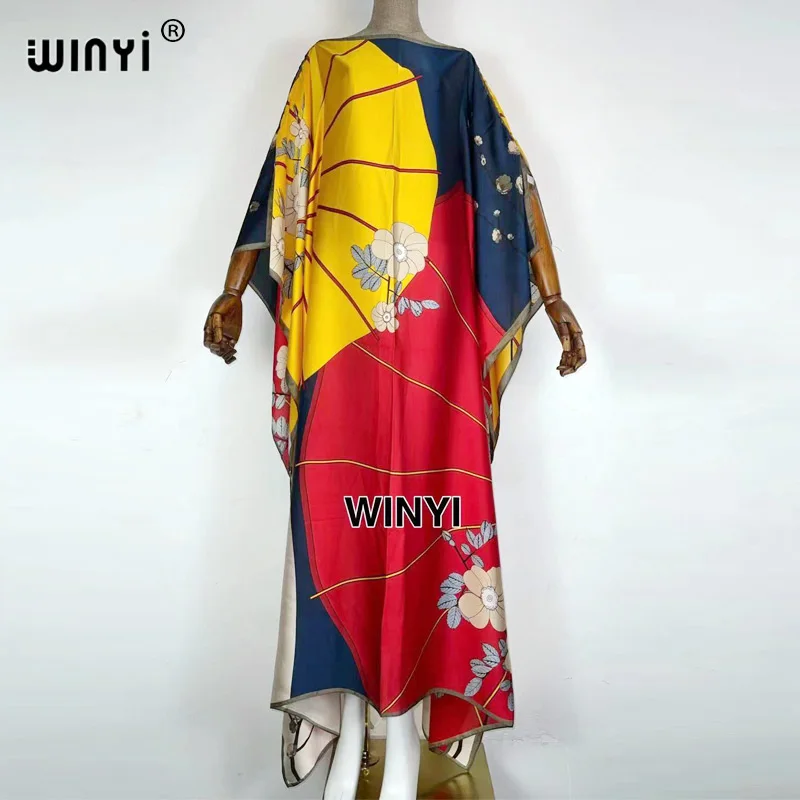 

WINYI 2022 Runway robeLoose robe femme Maxi Dress Women's Fashion Batwing Sleeve V-Neck Print Yellow Robe Long Dresses