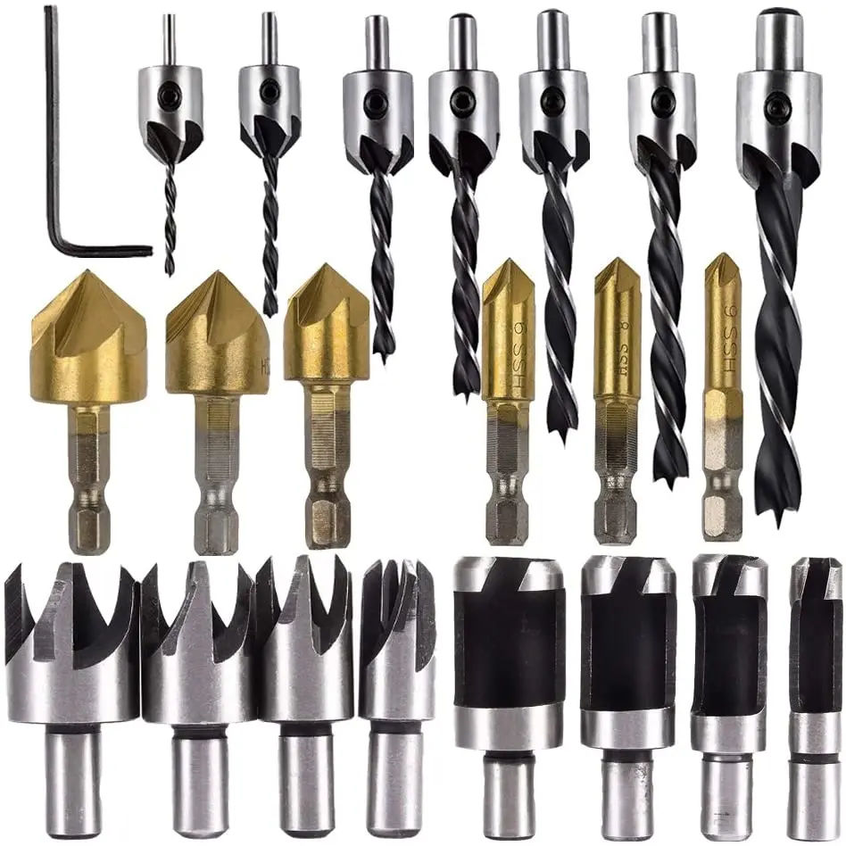 22pcs Woodworking Drilling or Chamfer tool Wood Plug cutter,1/4" Hex Shank Countersink Drill Bits, Countersink Drill Bit
22pcs Woodworking Drilling or Chamfer tool Wood Plug cutter,1/4" Hex Shank Countersink Drill Bits, Countersink Drill Bit