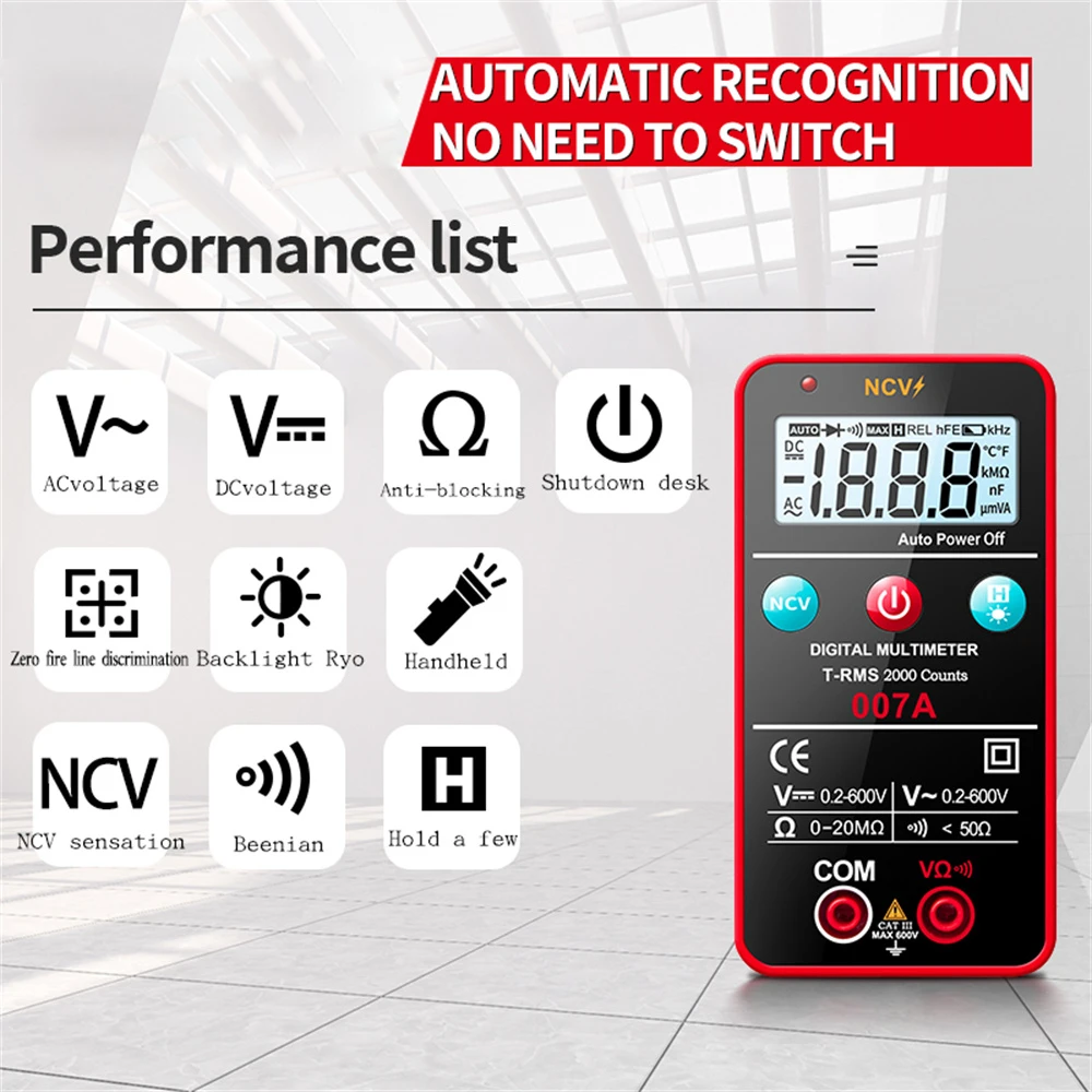 Digital Multimeter T-RMS 2000 Counts DC AC Voltage Resistance Ohm Diode Multimetro NCV Live Wire Tester LCD Backlight Portable
Digital Multimeter T-RMS 2000 Counts DC AC Voltage Resistance Ohm Diode Multimetro NCV Live Wire Tester LCD Backlight Portable
