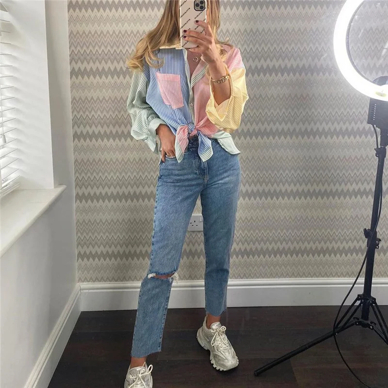 Sweet Woman Loose Colorful Stripe Shirts 2021 Spring Casual Oversized Patchwork Buttoon Tops Girls Sweety Shirt 
Sweet Woman Loose Colorful Stripe Shirts 2021 Spring Casual Oversized Patchwork Buttoon Tops Girls Sweety Shirt