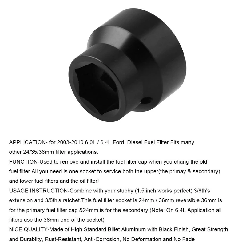 Fuel Filter/Oil Filter Socket 24Mm/36Mm Reversible Fuel Filter Cap Remover and Installer Assistant for Ford 6.0L / 6.4L
Fuel Filter/Oil Filter Socket 24Mm/36Mm Reversible Fuel Filter Cap Remover and Installer Assistant for Ford 6.0L / 6.4L