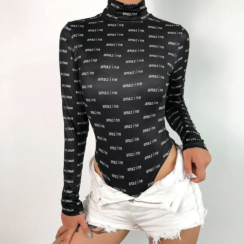 Fashion Female Slim Playsuit New High Neck Long Sleeves Bodycon Jumpsuit Ladies' Letter Pattern Leotard Bodysuit Autumn Hot Sale
Fashion Female Slim Playsuit New High Neck Long Sleeves Bodycon Jumpsuit Ladies' Letter Pattern Leotard Bodysuit Autumn Hot Sale