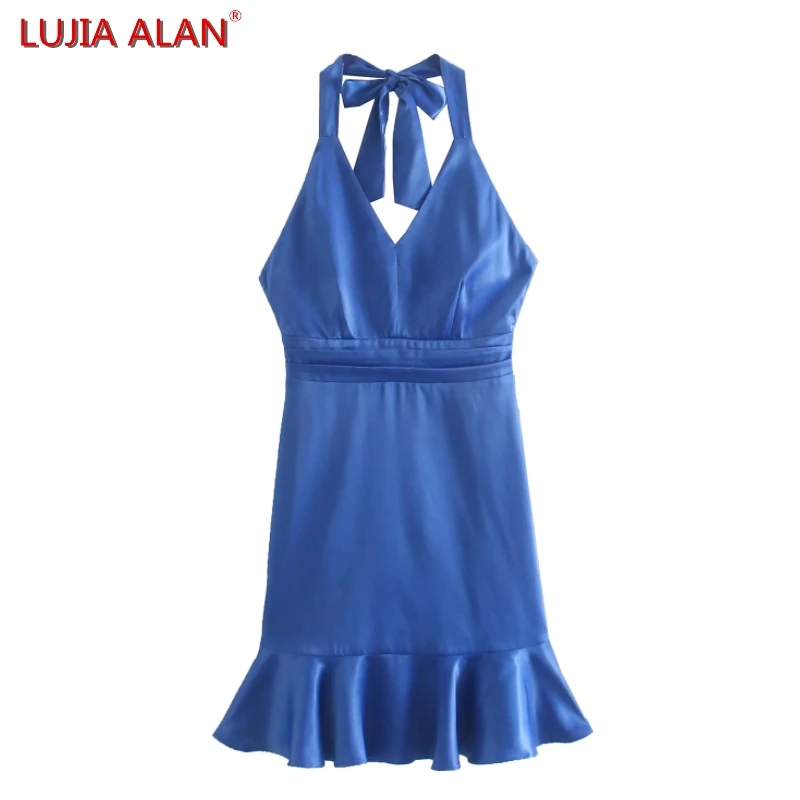 LUJIA ALAN Women Blue Satin Backless Halter Dress Casual Female Mini Vestidos D9275
LUJIA ALAN Women Blue Satin Backless Halter Dress Casual Female Mini Vestidos D9275