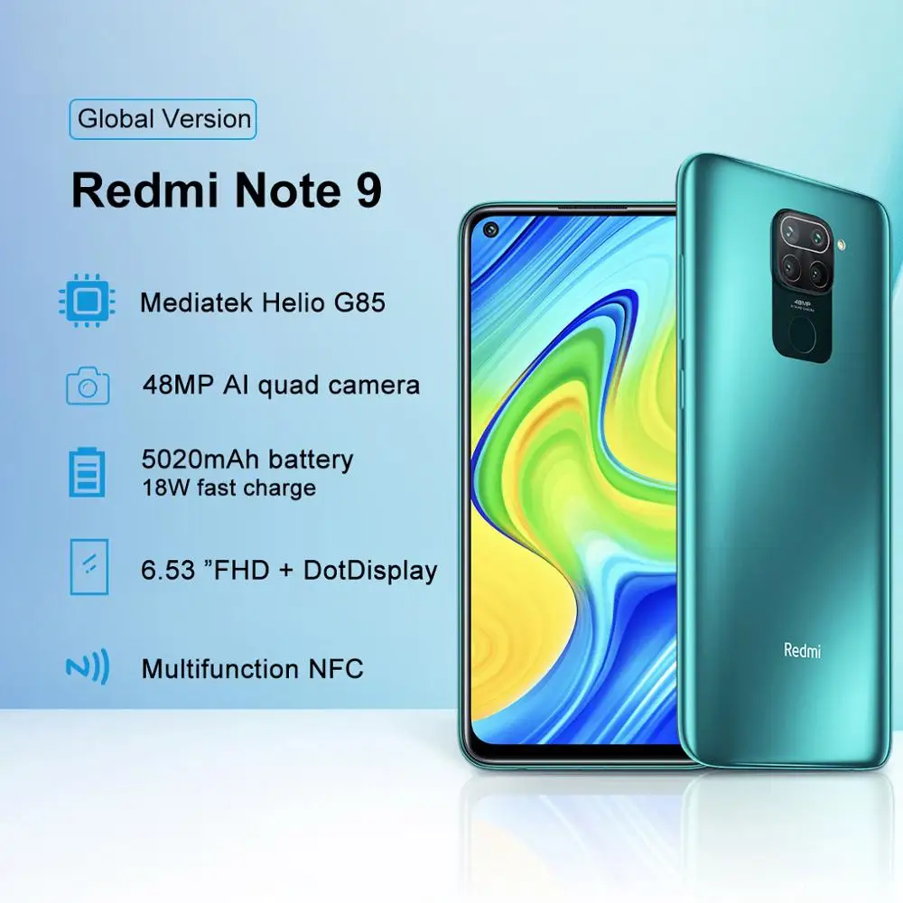 Новая глобальная версия Redmi Note 9 64 ГБ 3 Гб RAM смартфон Helio G85 5020 мАч аккумулятор 18 Вт