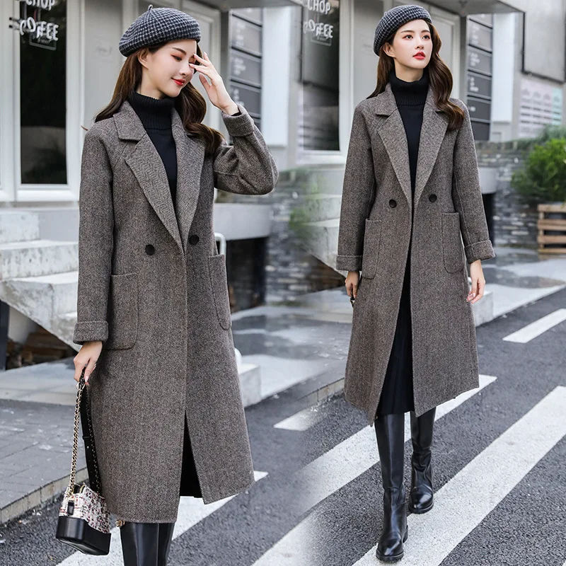 

Korea long coat for 2020 fashion new Woolen Loose Coat Long Self-cultivation notched collar long sleeve topcoat with belt YH71