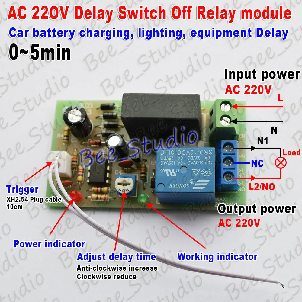 

AC 220V 230V 240V Trigger Delay Timer Switch Turn Off Board Timing Relay Module 0-5Min Adjustable