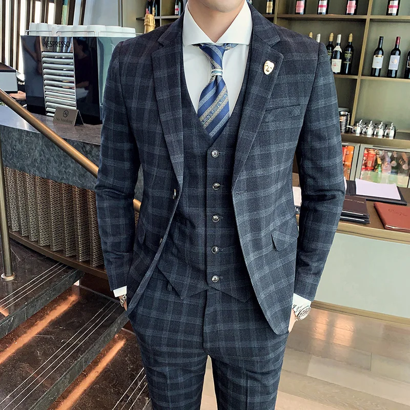(Jacket + Vest + Pants) 2021 New Groom Checkered Slim Wedding Tuxedo 3-piece Set Men Fashion Dress High Quality Dress Male Terno
(Jacket + Vest + Pants) 2021 New Groom Checkered Slim Wedding Tuxedo 3-piece Set Men Fashion Dress High Quality Dress Male Terno