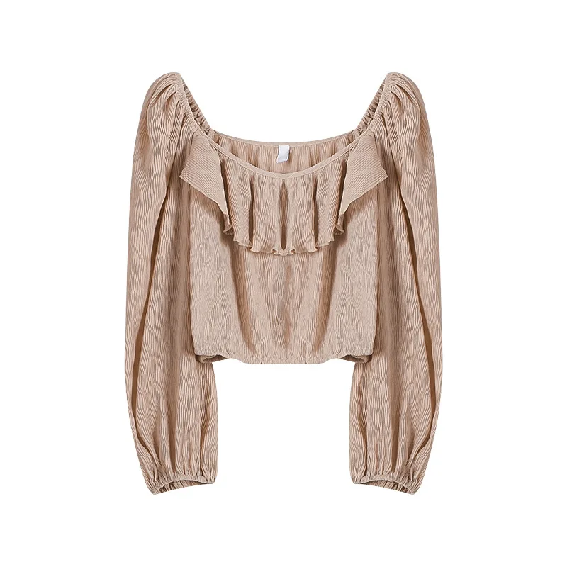 ZAWAHIKI 2021 Spring Korean Casual Women's Shirt Square Collar Long Sleeve Ruffles Pullover Tops Solid Short Blouse