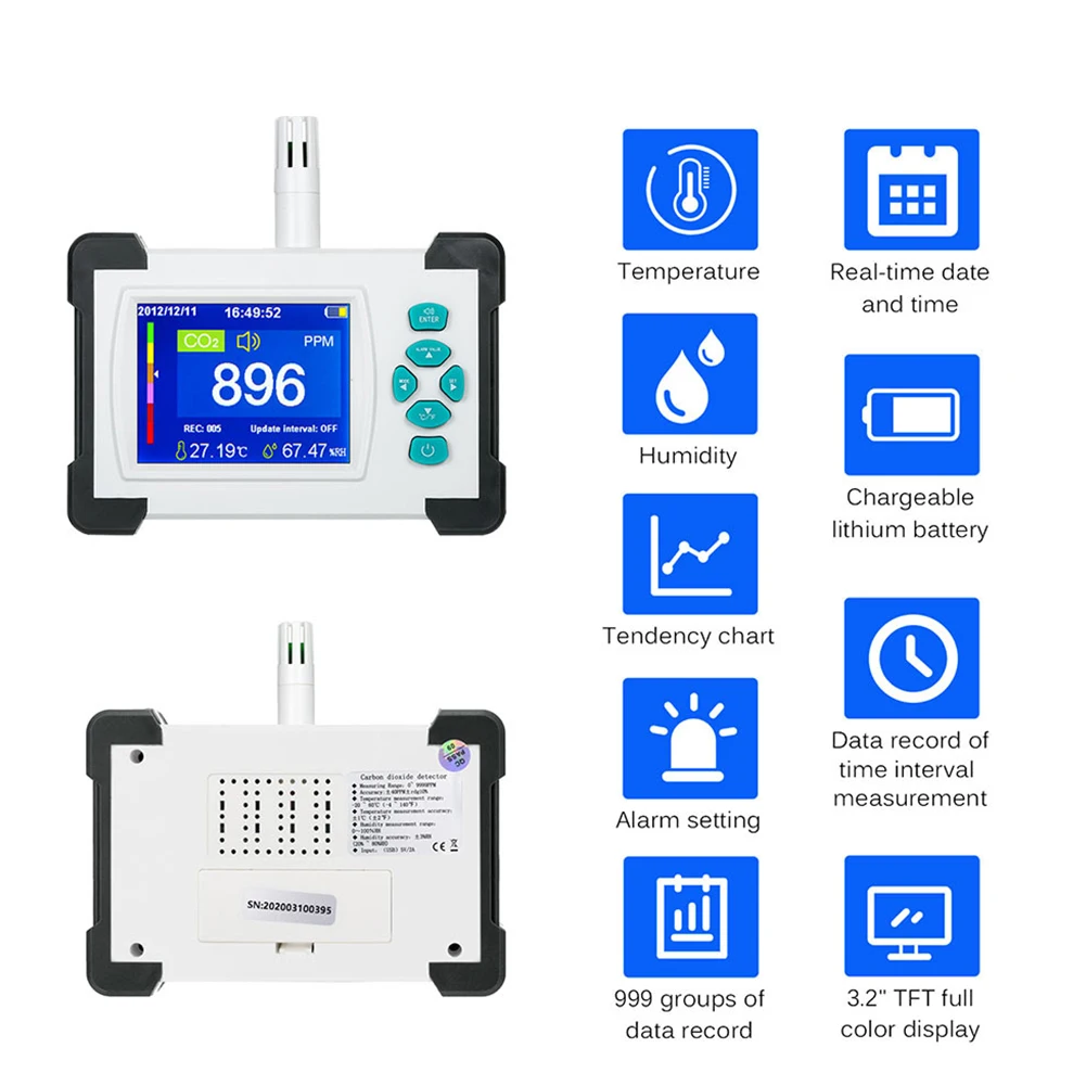 3.2 inch Carbon Dioxide Detector Air Quality Detector With USB Rechargeable Battery CO2 Meter for CO2 messgert CO2 Sensor
3.2 inch Carbon Dioxide Detector Air Quality Detector With USB Rechargeable Battery CO2 Meter for CO2 messgert CO2 Sensor