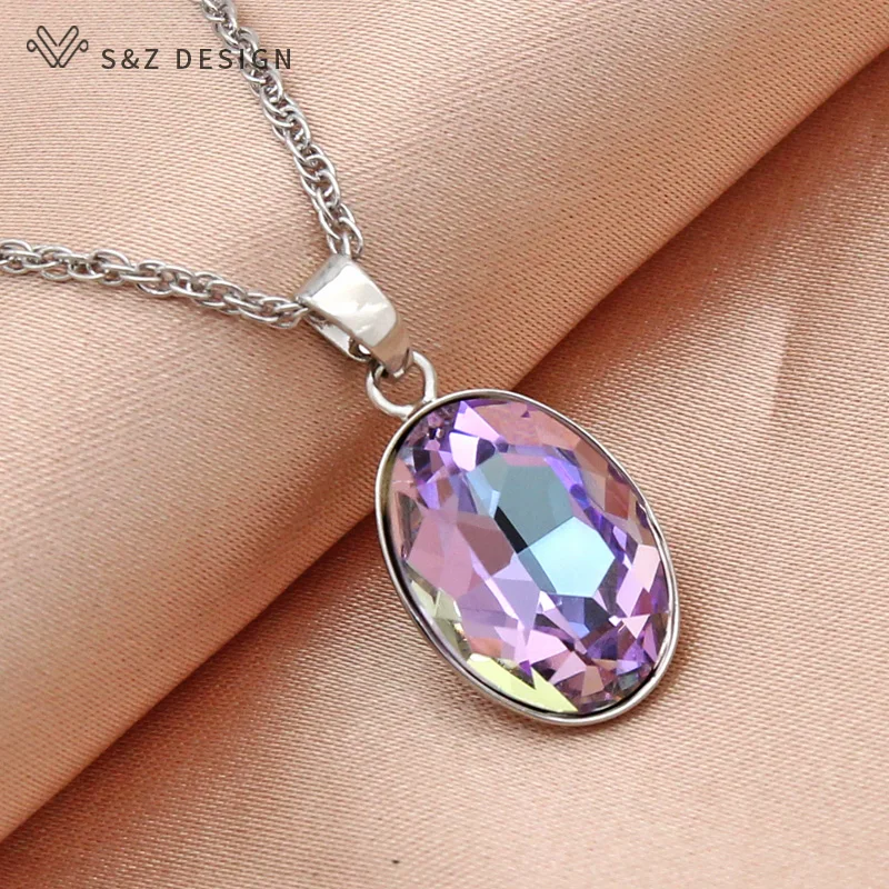 

S&Z DESIGN New 2021 Fashion Elegant Luxury Egg Shape Oval Crystal Pendant Necklace For Women Wedding Jewelry 585 Rose Gold Chain