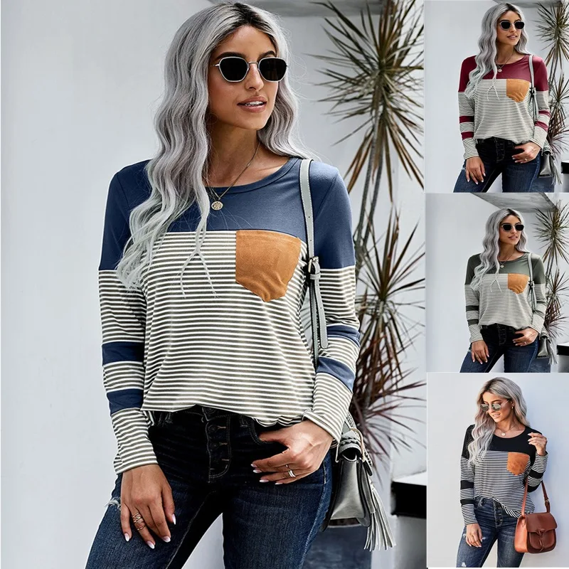 Spring Women's Solid Color Stripe Patchwork O-Neck Casual Shirt Ladies' Casual Sexy T-Shirt 2021 New Autumn Winter Base Shirt
Spring Women's Solid Color Stripe Patchwork O-Neck Casual Shirt Ladies' Casual Sexy T-Shirt 2021 New Autumn Winter Base Shirt