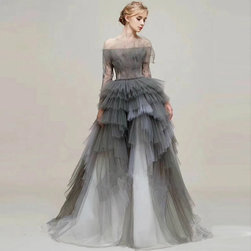 Gray Prom Dress Off-The-Shoulder Long Sleeve Simple Layered Puffy Tulle Long Skirts Evening Ball Gown Floor Length Event Gowns
Gray Prom Dress Off-The-Shoulder Long Sleeve Simple Layered Puffy Tulle Long Skirts Evening Ball Gown Floor Length Event Gowns