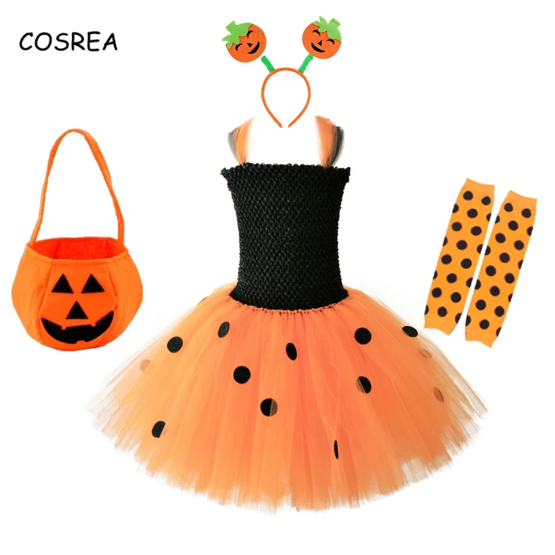 

Pumpkin Dress Girls Kids Tutu Fluffy Dresses Cosplay Costume Pumpkin Bag Socks Headband Pettiskirt Set Halloween Party Children