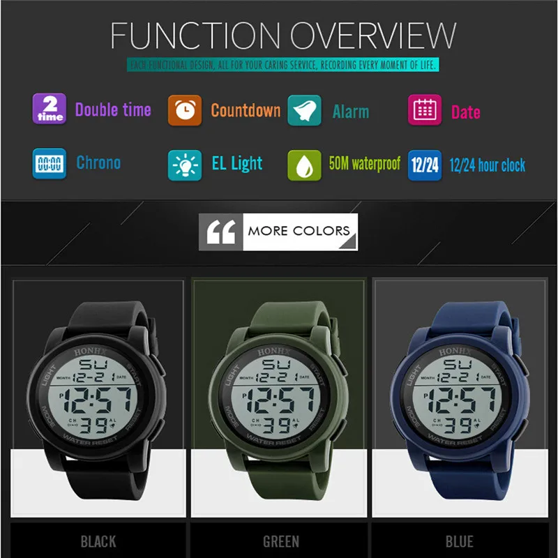 2021 New Sports Watches Men Chronograph Big Dial LED Fashion Digital Watch Mens Waterproof Military Style Wristwatch 
2021 New Sports Watches Men Chronograph Big Dial LED Fashion Digital Watch Mens Waterproof Military Style Wristwatch