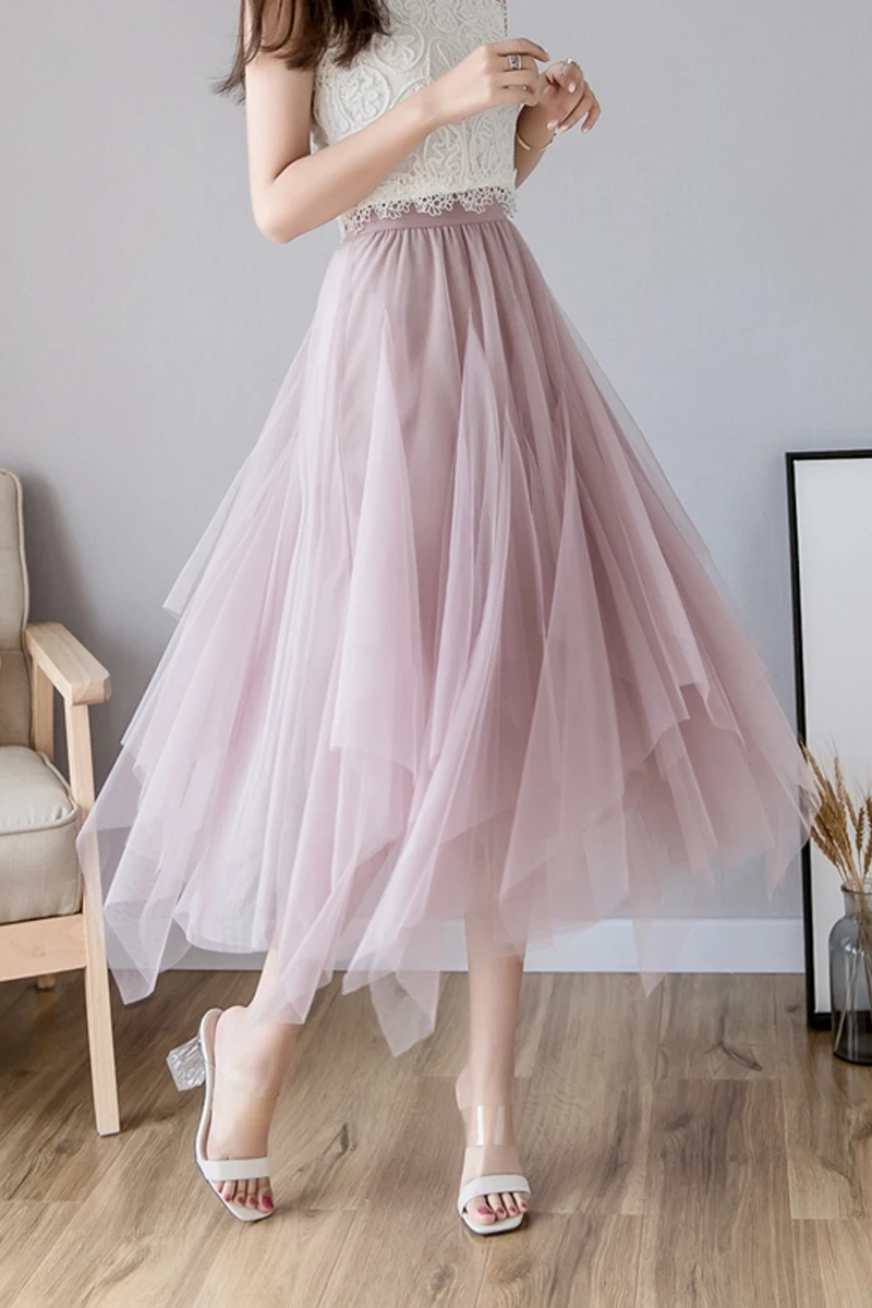 Mesh Skirt Women's High Waist A Line Irregular Skirt Sweet Pure Color Long Dress New 2021 Female Casual Long Skirt 
Mesh Skirt Women's High Waist A Line Irregular Skirt Sweet Pure Color Long Dress New 2021 Female Casual Long Skirt
