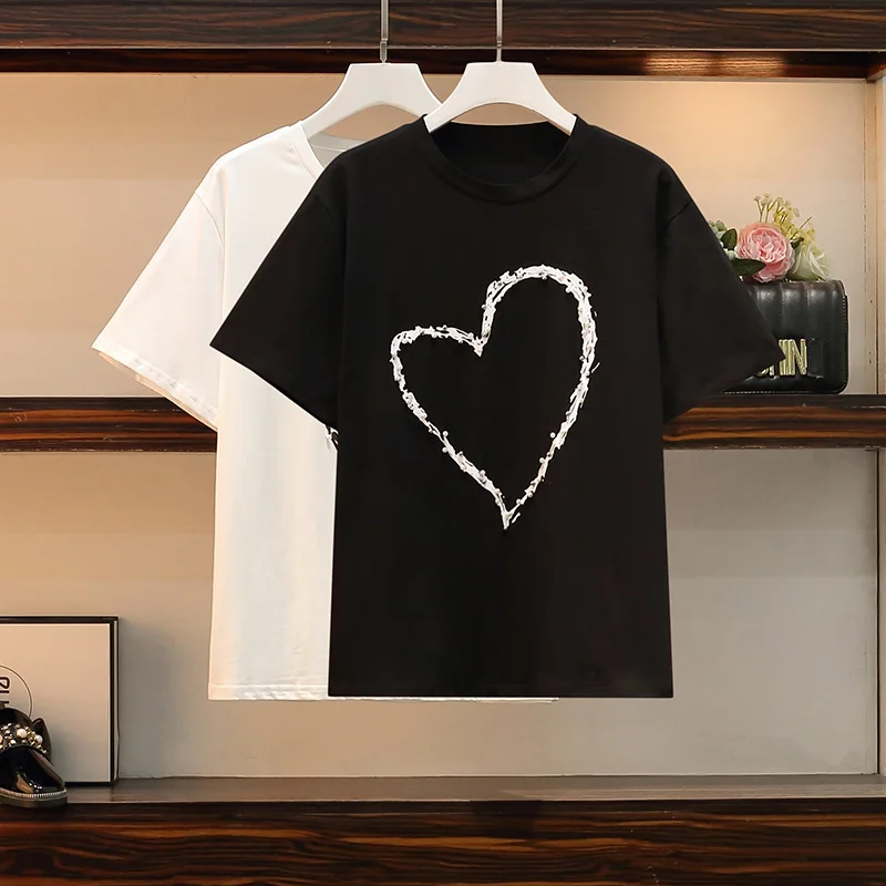 4XL Plus Size Women White Cotton T-shirts Summer 2021 Short Sleeve Heart Print with Beading Tops Ladies Loose Casual Tee Shirt
4XL Plus Size Women White Cotton T-shirts Summer 2021 Short Sleeve Heart Print with Beading Tops Ladies Loose Casual Tee Shirt