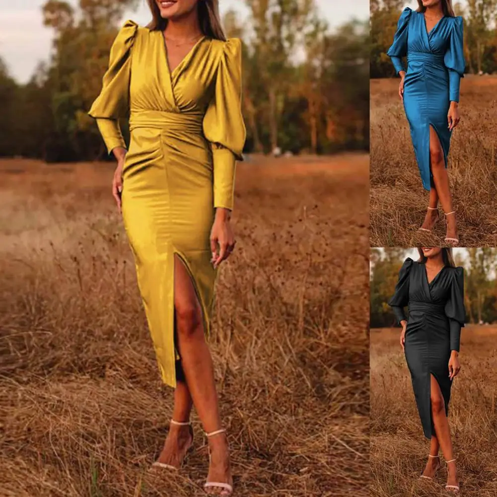 Women Bodycon Party Dresses Satin Waist Tight Pleated Long Sleeve Solid Split Hem Ruched VNeck Midi Dress Lady for Evening Party
Women Bodycon Party Dresses Satin Waist Tight Pleated Long Sleeve Solid Split Hem Ruched VNeck Midi Dress Lady for Evening Party