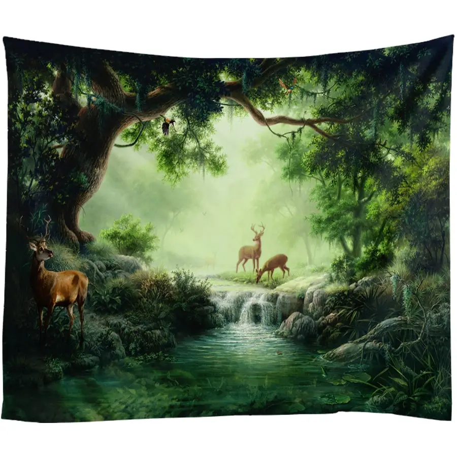 

Creek Elk Strolling Forest Tapestry Large Wall Hanging Hippie Tapestry Trees Boho Tapisserie Wall Carpet Chic Scenery Home Decor