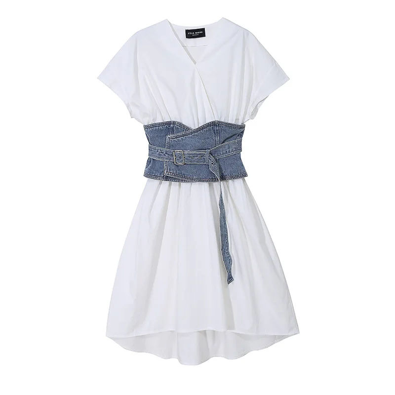 SuperAen 2021 Summer New Design Fashion Denim Waist Two-piece Short-sleeved A Line V-neck Dresses Women
SuperAen 2021 Summer New Design Fashion Denim Waist Two-piece Short-sleeved A Line V-neck Dresses Women