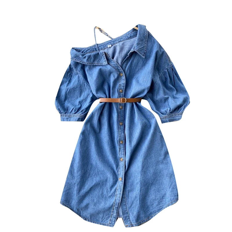 2021 Spring Summer Chic Design Sling Shoulder Denim Dress Lapel Puff Sleeve Belt Waist Tight Slimming Fashionable Short Dress
2021 Spring Summer Chic Design Sling Shoulder Denim Dress Lapel Puff Sleeve Belt Waist Tight Slimming Fashionable Short Dress